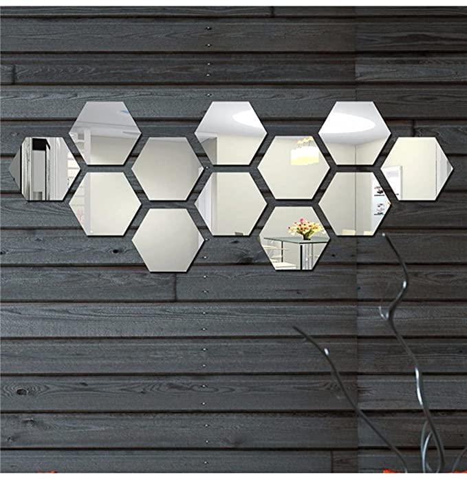 12 Hexagon Silver Mirror Stickers For Wall, Acrylic Sticker, Hexagonal Mirror Wall Sticker For Hall Room, Bed Room, Kitchen Roposo Clout
